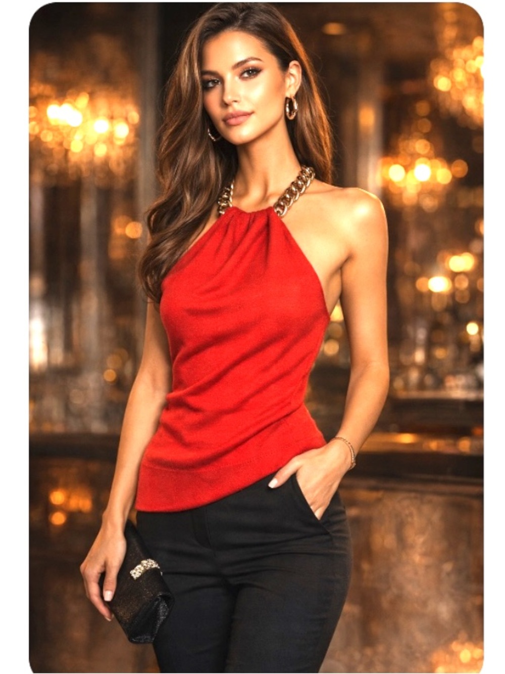 Milly orange Red Chain Halter Top Womens Small Silk Cashmere Blend Sexy Chic